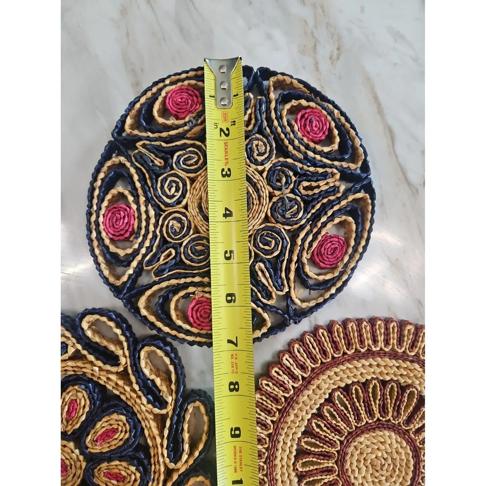 3 Vintage 60's Pot Holder Boho Woven Rattan Wicker Straw Trivet Hot Pads